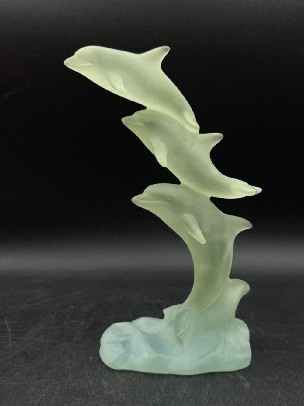 Frosted Lucite Seafoam Green Acrylic Dolphins Jumping Sculpture 8” Vintage
